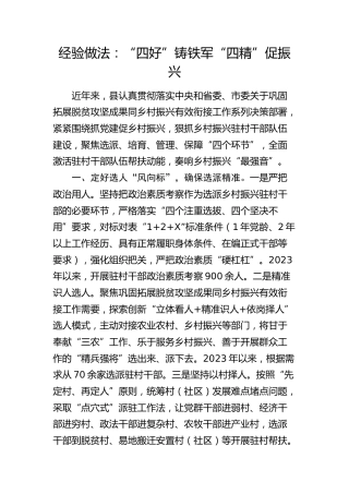 经验做法：“四好”铸铁军 “四精”促振兴（发言）