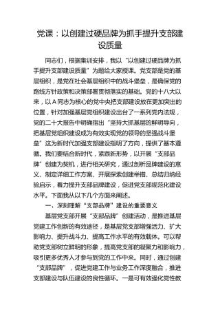 党课：以创建过硬党建品牌为抓手提升支部建设质量