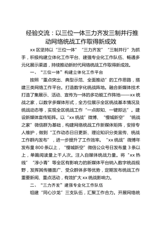 经验交流：以三位一体三力齐发三制并行推动网络统战工作取得新成效