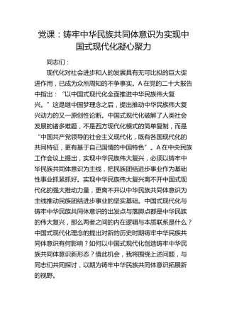 党课：铸牢中华民族共同体意识  为实现中国式现代化凝心聚力