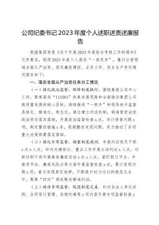 公司纪委书记2023年度个人述职述责述廉报告2800字