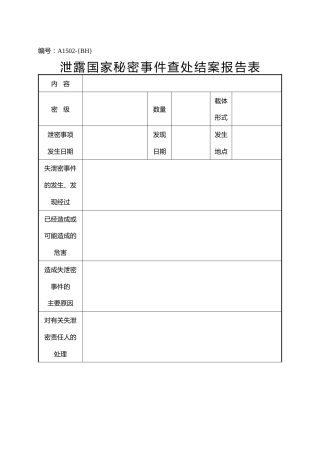 A1502泄露国家秘密事件查处结案报告表