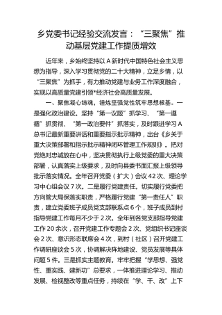 乡镇书记经验交流发言：“三聚焦”推动基层党建工作提质增效