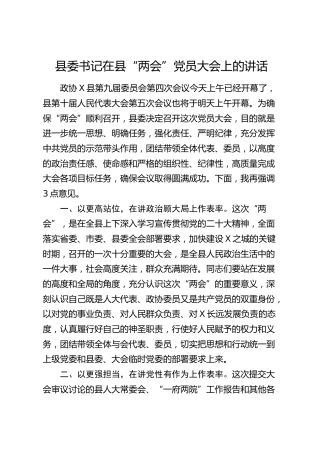 县委书记在县“两会”党员大会上的讲话
