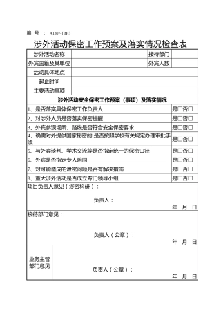 A1307涉外活动保密工作预案及落实情况检查表