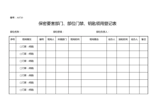 A0720  保密要害部门、部位门禁、钥匙领用登记表