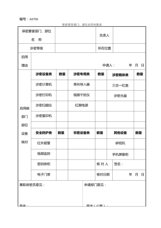 A0706  保密要害部门、部位启用审批表