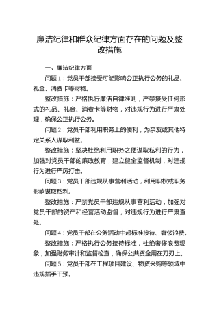 廉洁纪律和群众纪律方面存在的问题及整改措施（党纪学习教育对照剖析参考）