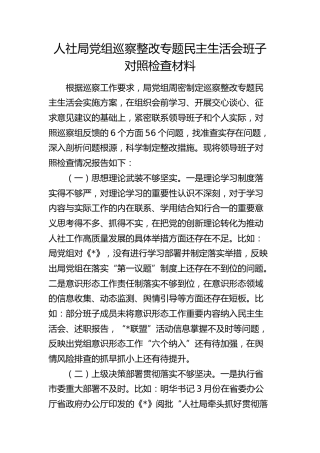 巡察整改专题民主生活会班子对照检查（人社4000字）