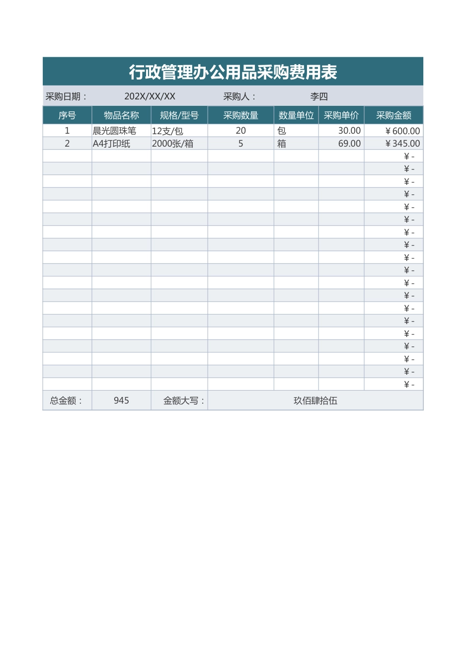 行政管理办公用品采购费用表_第1页