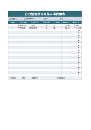 行政管理办公用品采购费用表