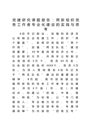 党建研究课题报告：两新组织党务工作者专业化建设的实践与思考