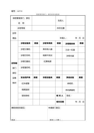 A0710  保密要害部门、部位封存审批表