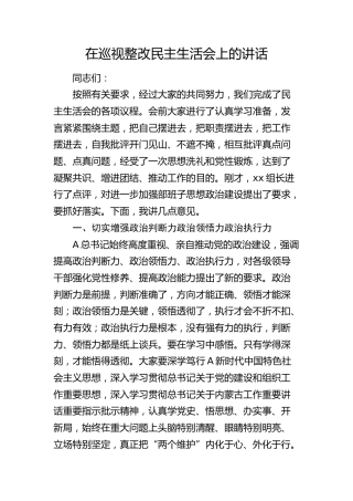 在巡视巡察整改民主生活会上的讲话