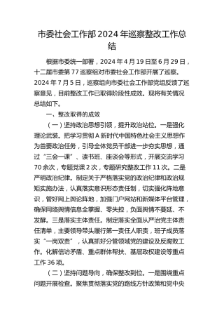 市委社会工作部巡察整改工作总结