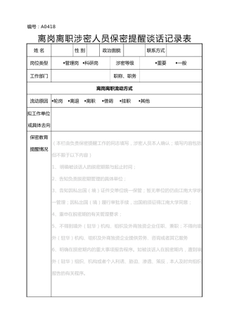 A0418离岗离职涉密人员保密提醒谈话记录表