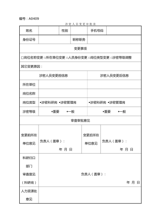 A0409涉密人员变更审批表