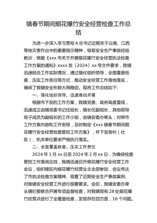 乡镇春节期间烟花爆竹安全经营检查工作总结