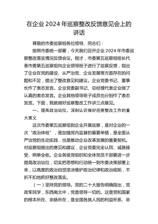 公司巡察整改反馈意见会上的讲话