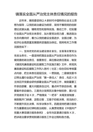 乡镇落实全面从严治党主体责任情况的报告
