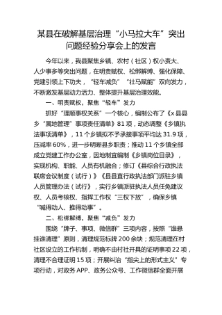 县区在破解基层治理“小马拉大车”突出问题经验分享会上的发言