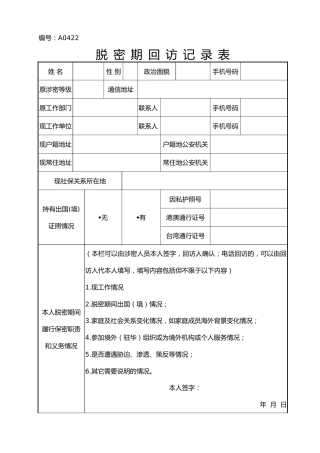 A0422脱密期回访记录表