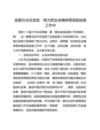 巡察办主任三中全会专题发言：努力把全会精神贯彻到巡察工作中