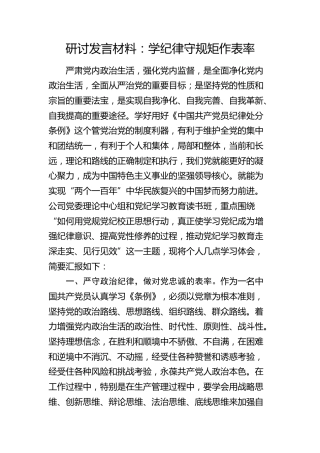公司研讨发言：学纪律 守规矩 作表率