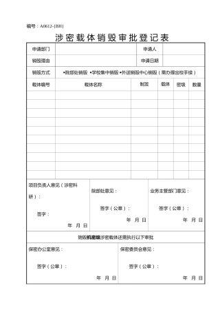 A0612 涉密载体销毁审批登记表