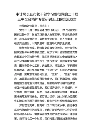 审计局长在市管干部学习贯彻三中全会精神专题研讨班上的交流发言