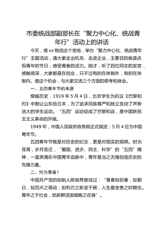 市委统战部副部长在“聚力中心化、统战青年行”活动上的讲话