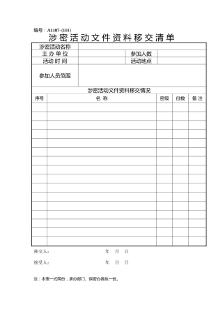 A1107涉密活动文件资料移交清单
