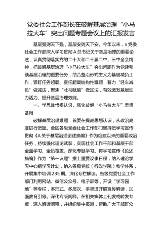 社会工作部长在破解基层治理“小马拉大车”突出问题专题会议上的汇报发言