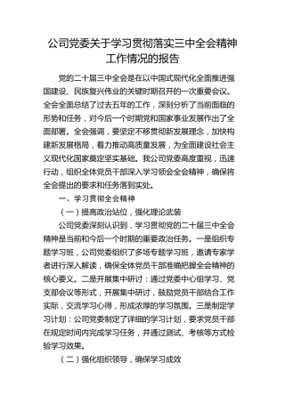 公司贯彻落实三中全会精神工作情况总结报告2800字