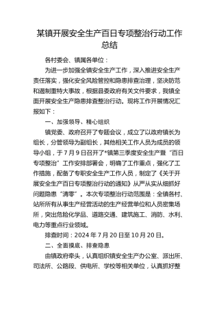 乡镇开展安全生产百日专项整治行动工作总结