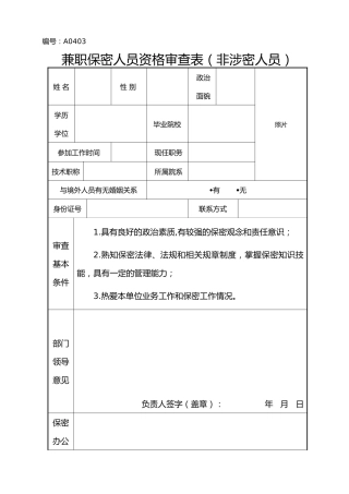 A0403兼职保密人员资格审查表（非涉密人员）