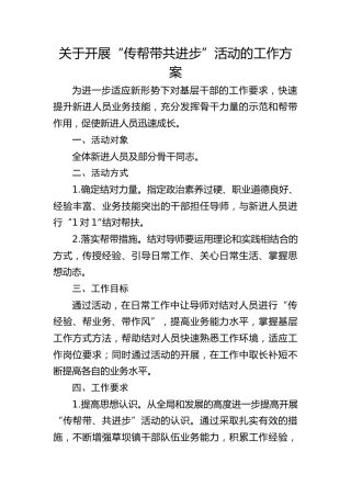 关于开展“传帮带 共进步”活动的工作方案