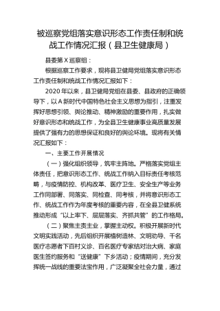 被巡察党组落实意识形态工作责任制和统战工作情况总结汇报（卫健2400字）