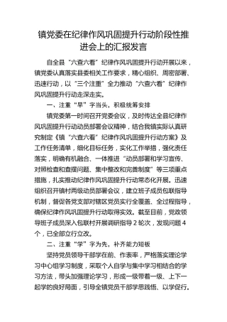 乡镇党委在纪律作风巩固提升行动阶段性推进会上的汇报发言