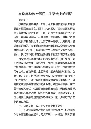 巡察整改专题民主生活会上的讲话