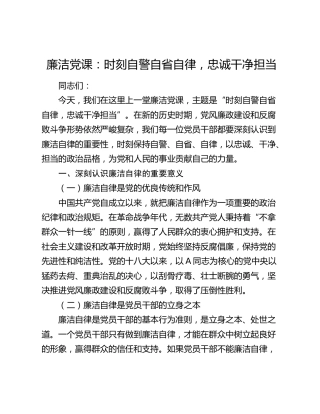 廉政党课：时刻自警自省自律，忠诚干净担当3900字