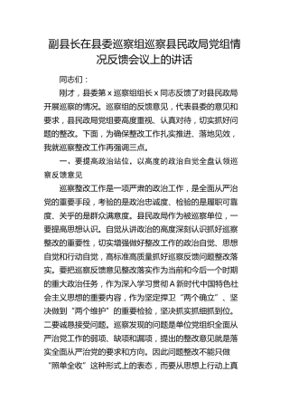 副县长在巡察组巡察县民政局党组情况反馈会议上的讲话