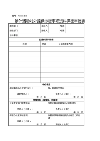 A1304涉外活动对外提供涉密事项资料保密审批表
