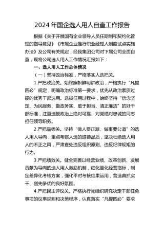 国企公司选人用人自查工作总结报告3300字