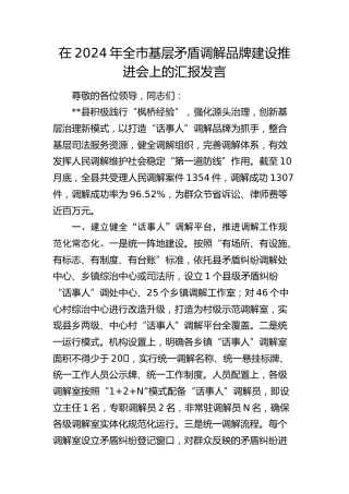 全市基层矛盾调解品牌建设推进会上的汇报发言