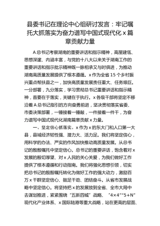 县委书记在理论中心组研讨发言：牢记嘱托  大抓落实  为奋力谱写中国式现代化x篇章贡献力量