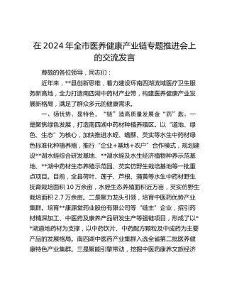 在全市医养健康产业链专题推进会上的交流发言