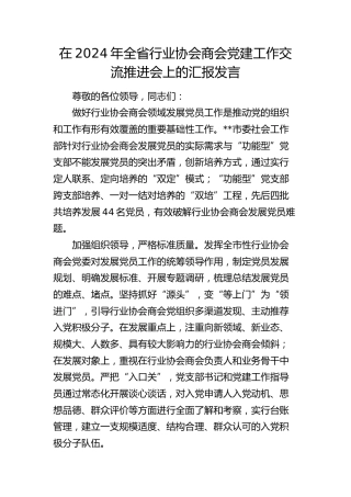 全省行业协会商会党建工作交流推进会上的汇报发言