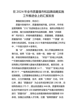 在全市质量强市和品牌战略实施工作推进会上的汇报发言