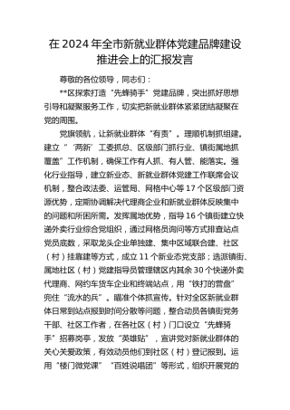 在全市新就业群体党建品牌建设推进会上的汇报发言